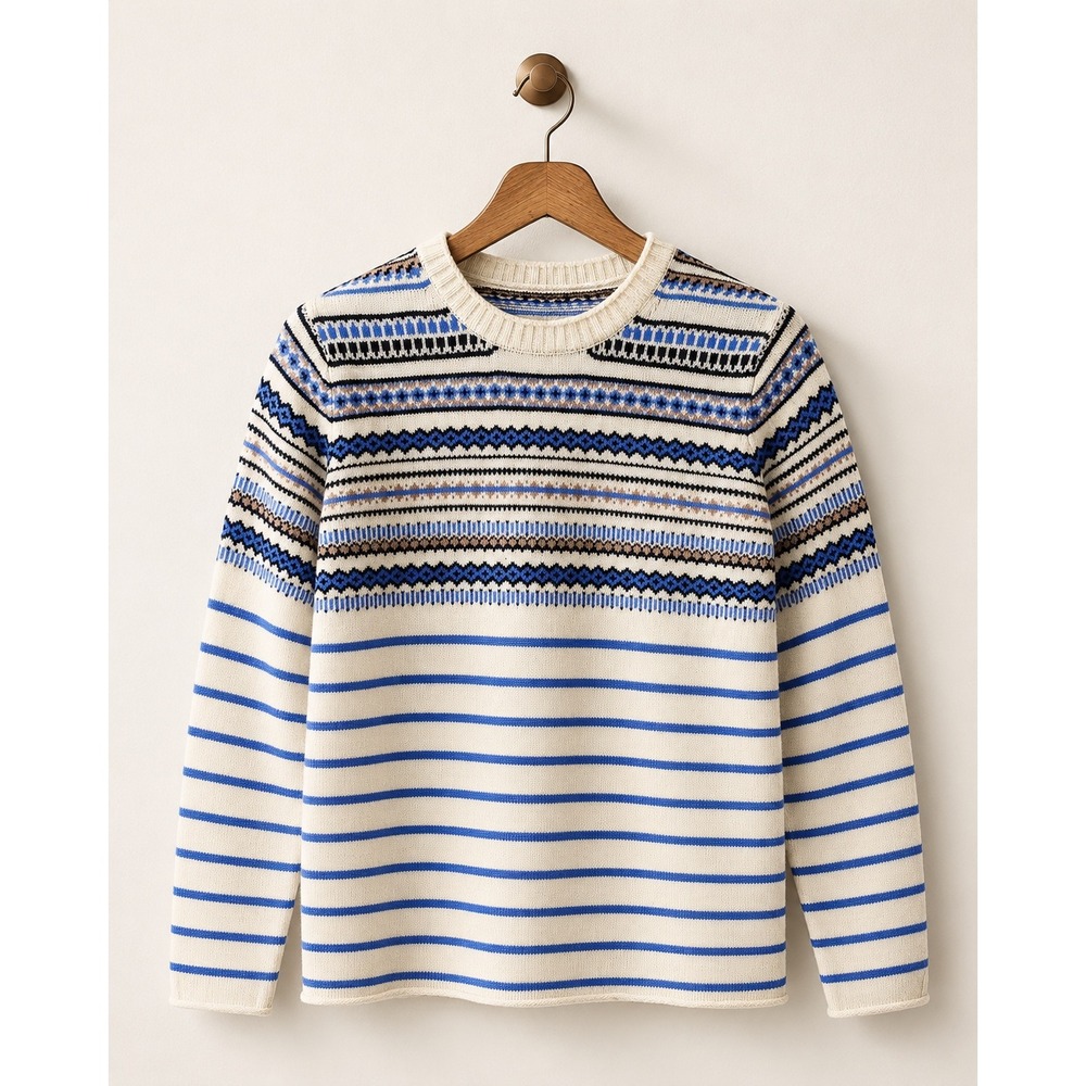 J.Crew Small 100% Wool Fair Isle Striped Crewneck Sweater Cream Blue